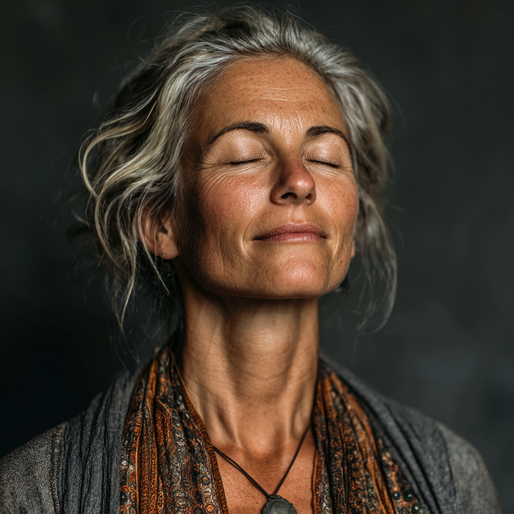 Жінка 52 років у медитативній позі з закритими очима, демонструючи глибокий стан внутрішнього спокою та зосередженості