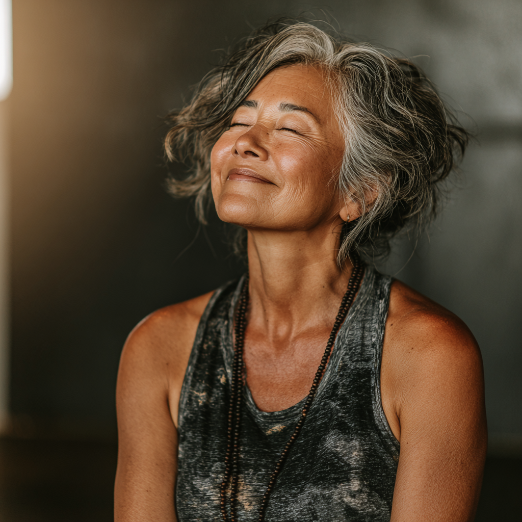 Жінка 60 років виконує м'яку позу йоги з посмішкою, демонструючи радість від практики для початківців