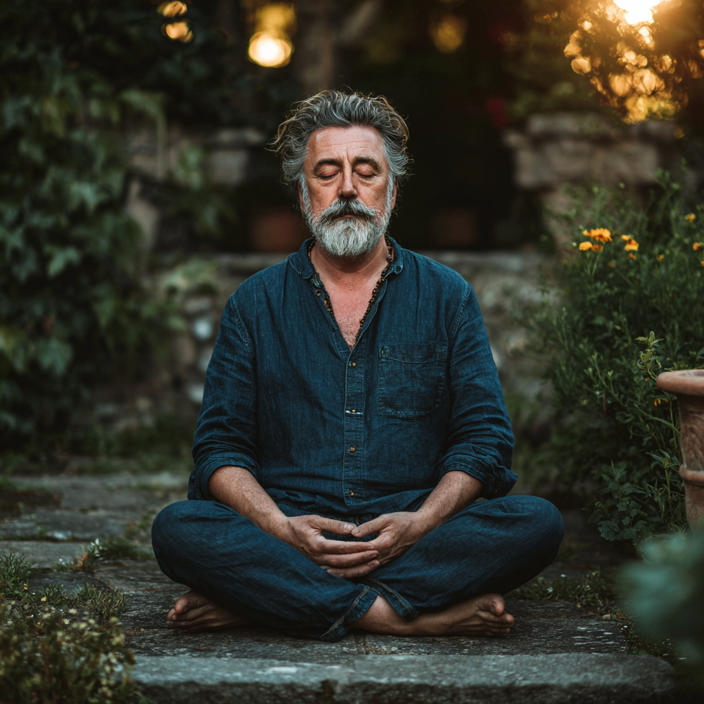 Спокійний чоловік 58 років сидить в медитативній позі на природі, оточений зеленню, втілюючи філософію внутрішнього спокою